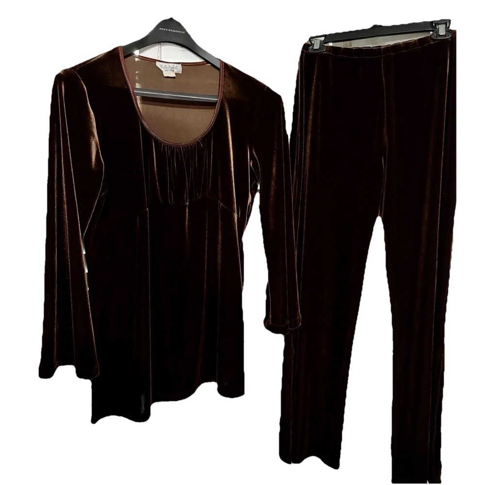 Brown Velvet Baby Doll LS top & Matching Pants Slits 2pc Maria Gabrielle XL